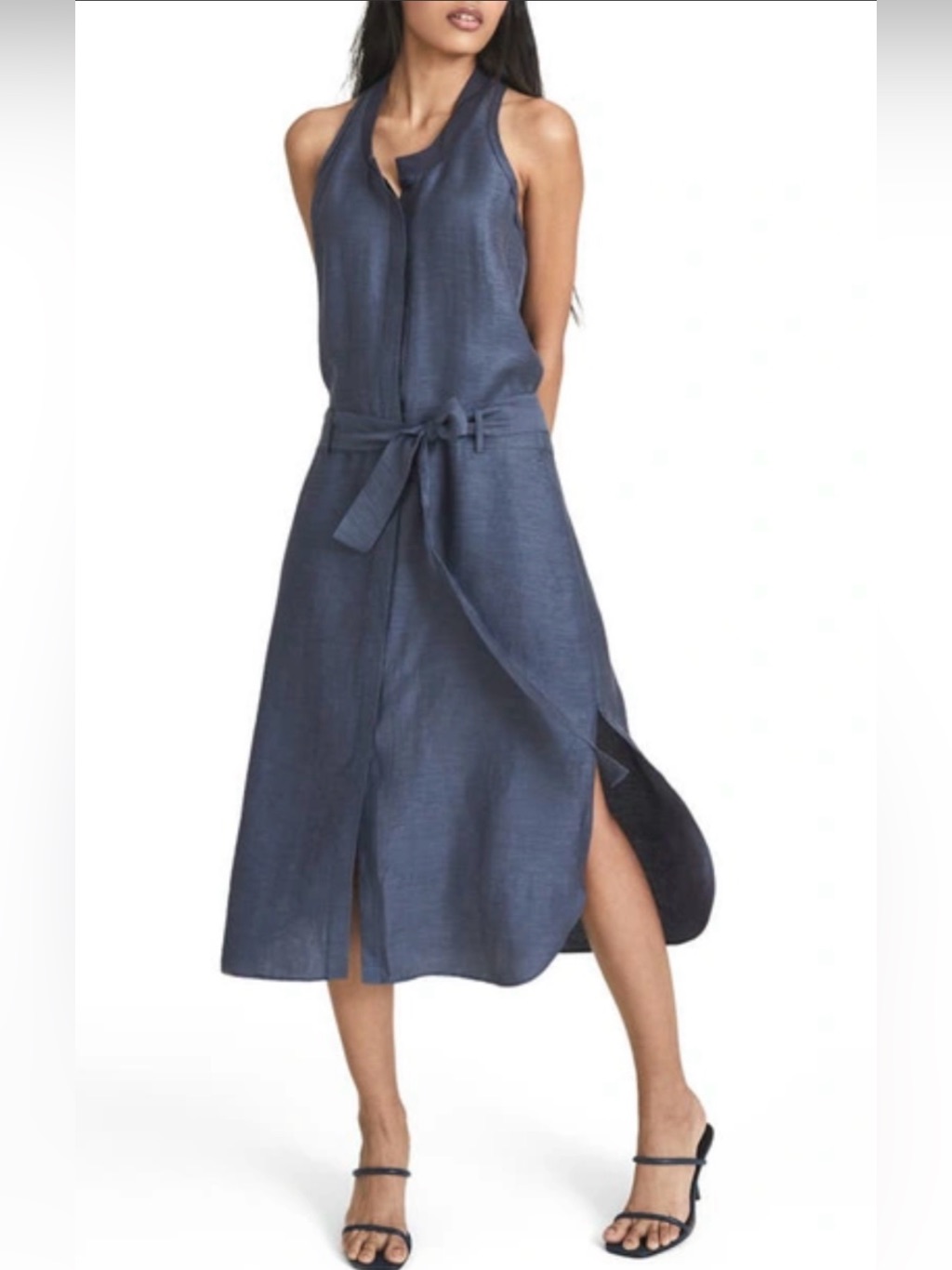 Reiss Slate Blue Keeley Tie Waist Tank Midi Dress Size 8